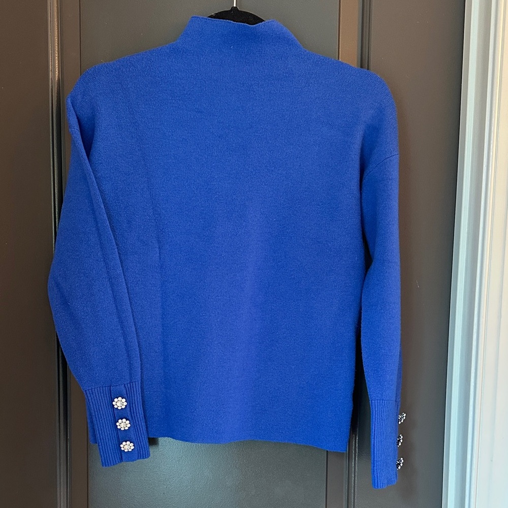 Tahari Royal Blue Mock Turtleneck Sweater with rhinestone buttons on sleeves NWT